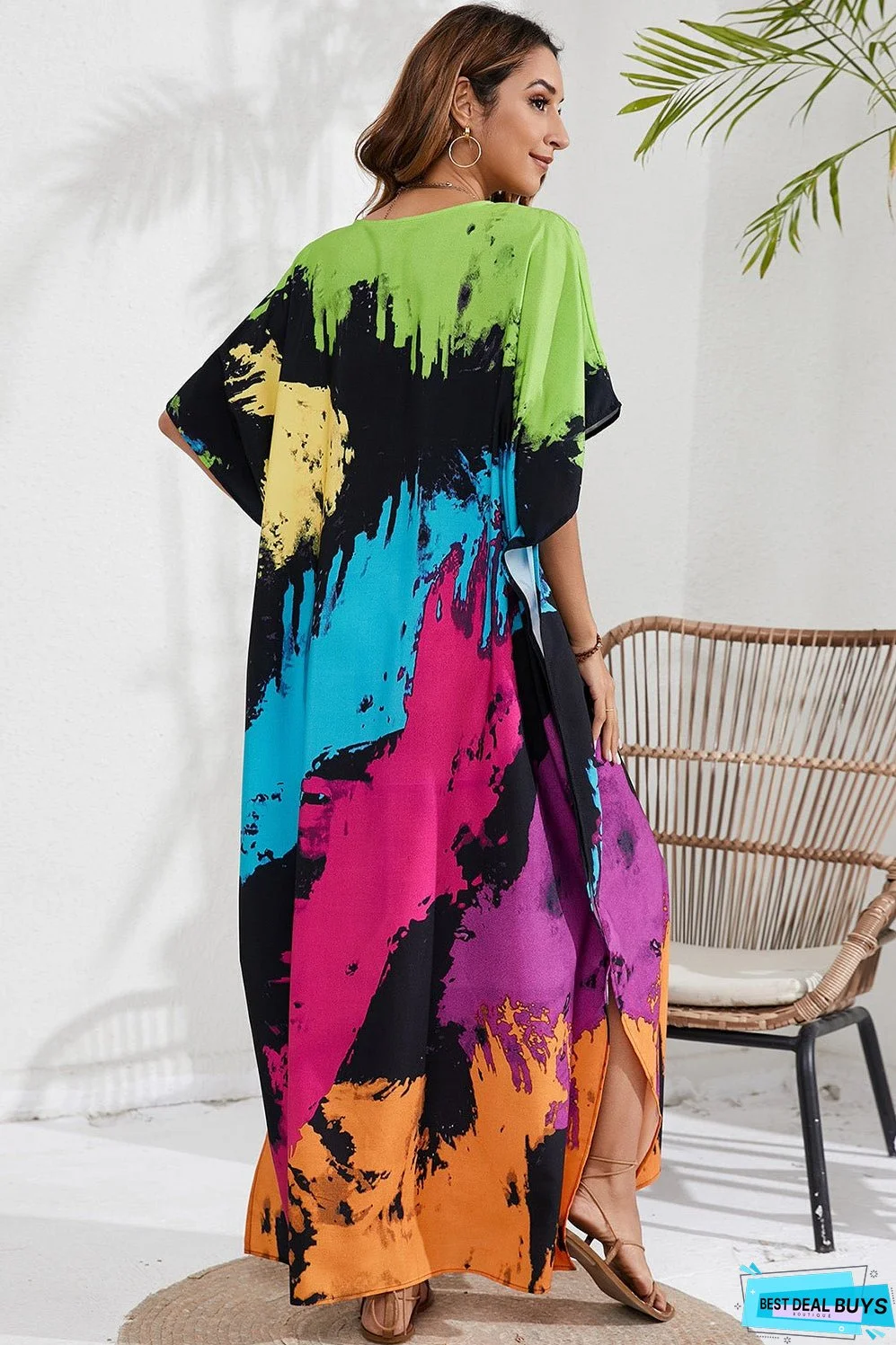 Slit Printed V-Neck Short Sleeve Cover Up