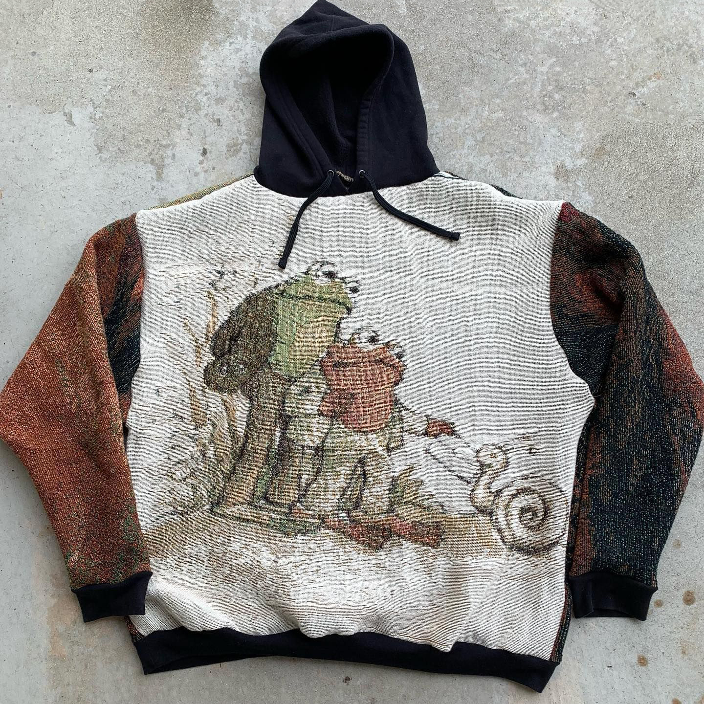 Retro Vintage Frog & Toad Print Casual Street Tapestry Knit Hooded Sweater