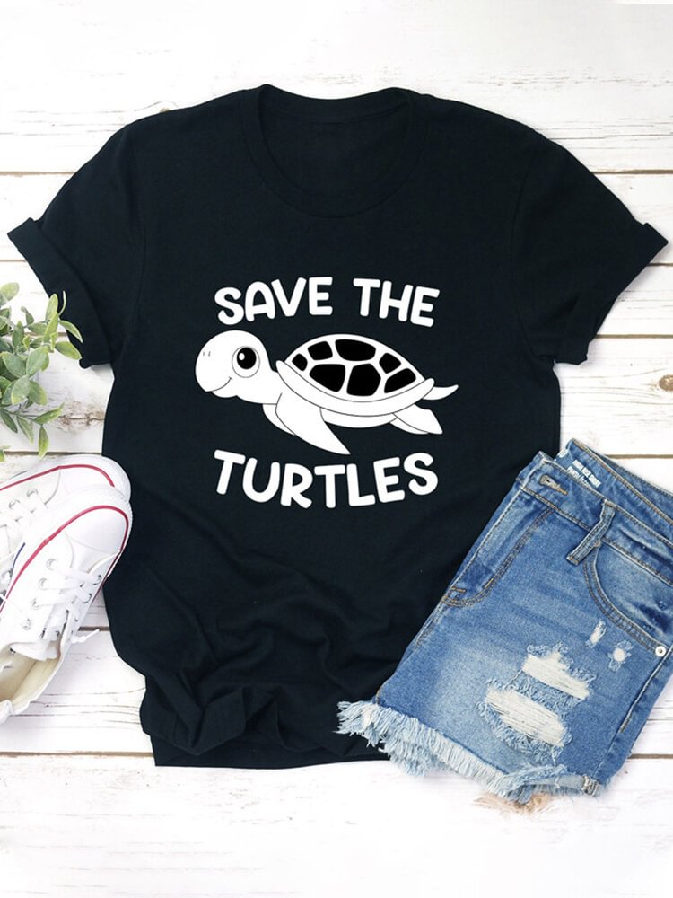 Turtle Letter Print Short Sleeve T shirt For Women P1661000