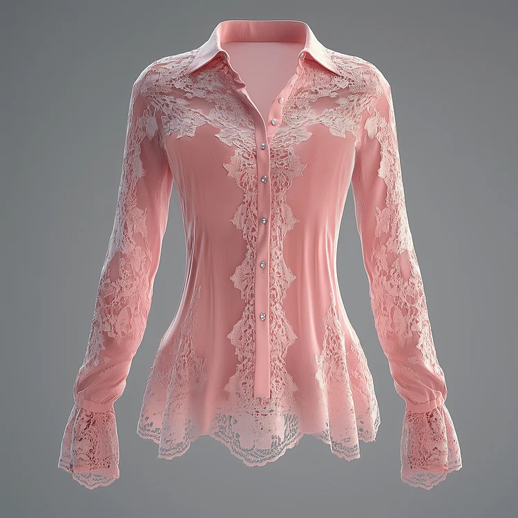 Ursime Lace Shirt Collar Button Flare Sleeve Blouse
