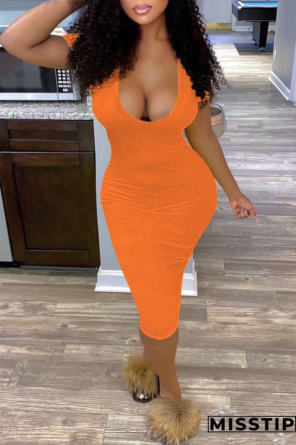 Orange Fashion Sexy Solid Basic V Neck Short Sleeve Dress