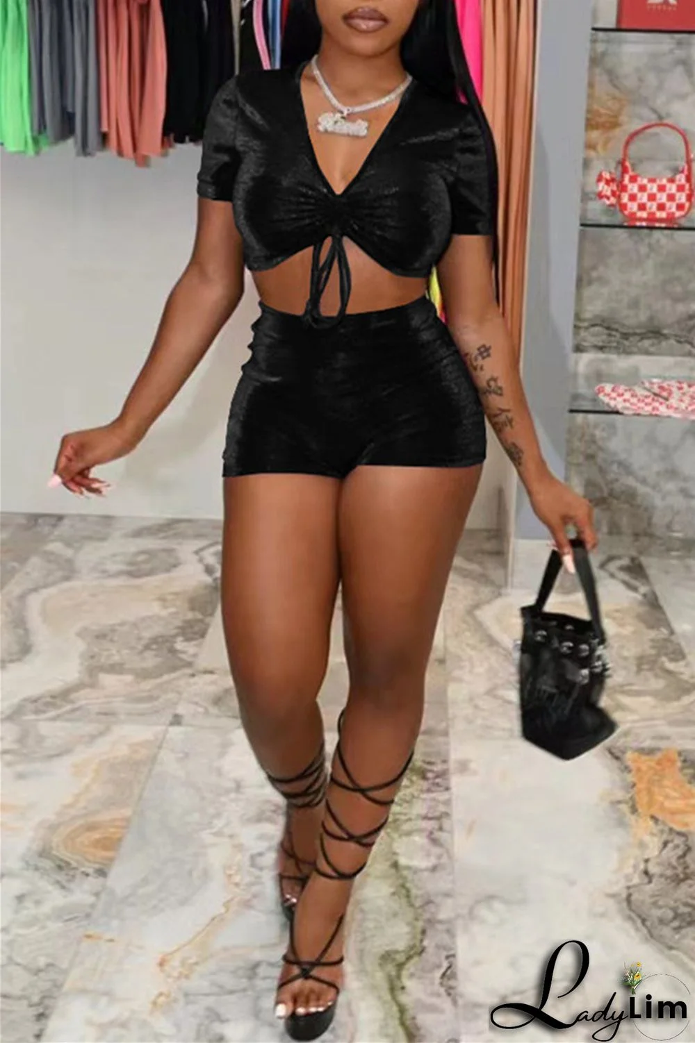 Purple Fashion Casual Solid Draw String Frenulum V Neck Short Sleeve Two Pieces