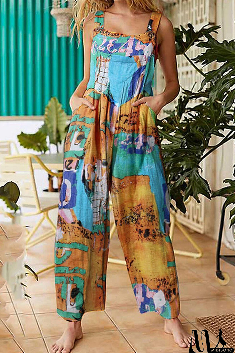 MidiSono - Casual Print Split Joint Pocket Square Collar Straight Jumpsuits