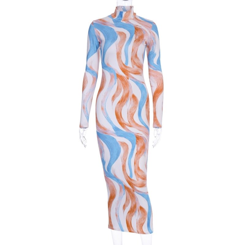 Dulzura print women midi dress long sleeve bodycon sexy slit turtleneck party 2020 spring summer festival clothing club elegant