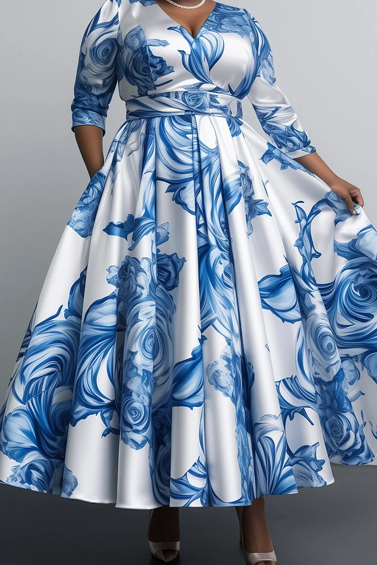 Xpluswear Design Plus Size Formal Blue Floral V Neck Long Sleeve Pleated Pocket Satin Maxi Dresses [Pre-Order]