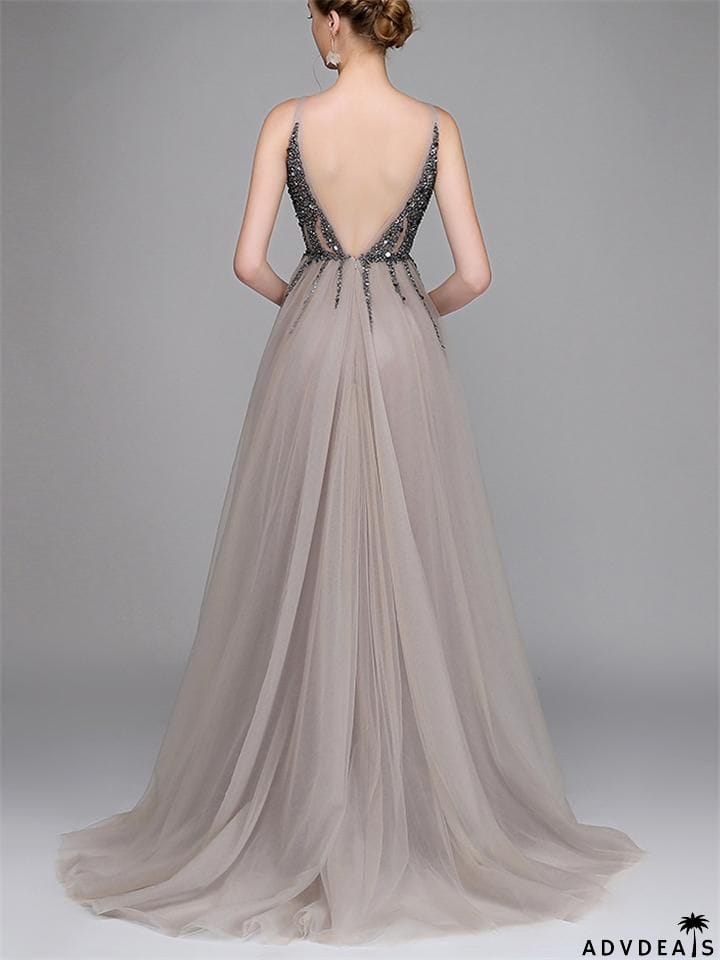 Sequined Beaded Backless Tulle Trendy Prom Dresses