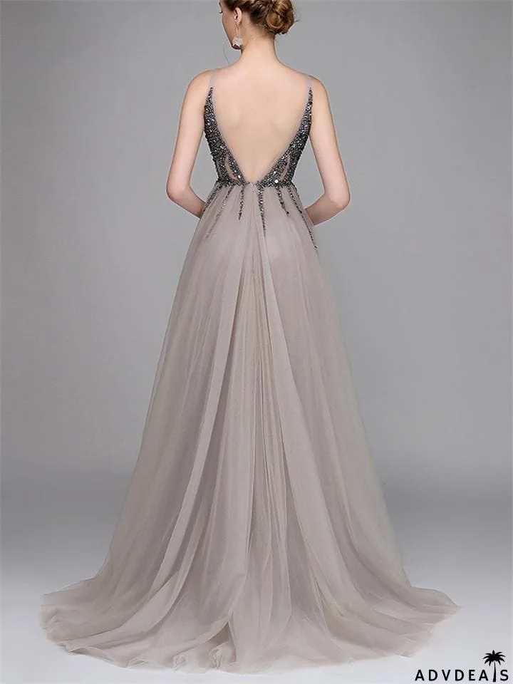 Sequined Beaded Backless Tulle Trendy Prom Dresses