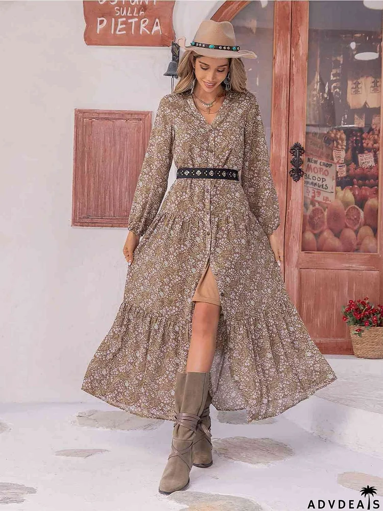 Floral Button Up V-Neck Tiered Dress