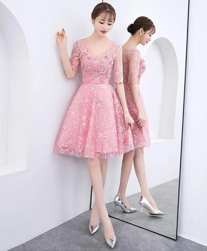 Pink Tulle Lace Short Prom Dress, Pink Tulle Homecoming Dress