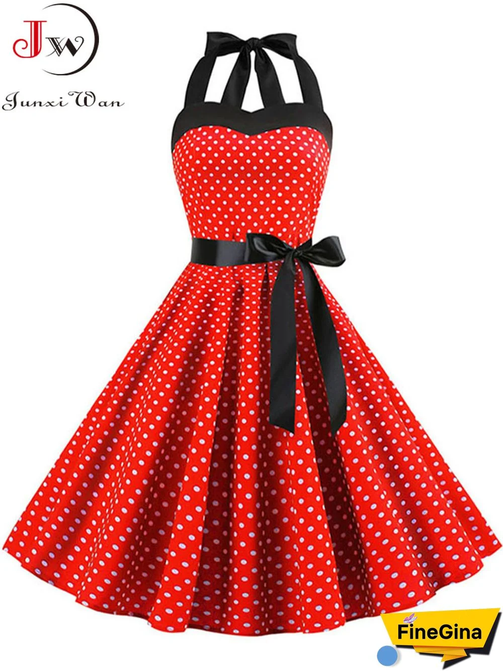 Sexy Halter Party Dress Retro Polka Dot Hepburn Vintage 50s 60s Pin Up Rockabilly Dresses Robe Elegant Midi Dress