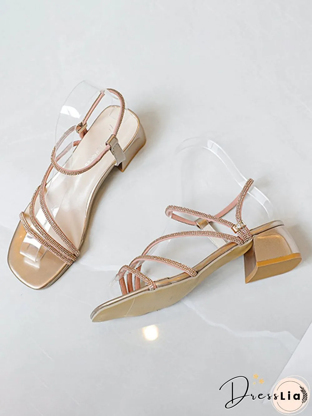 Rhinestone Thin Strap Chunky Heel Sandals
