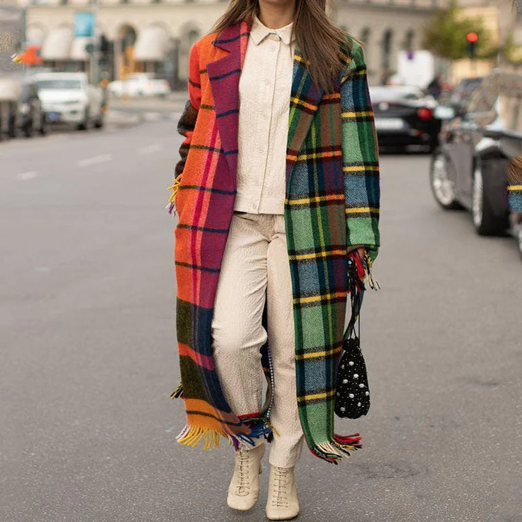 VChics Long Sleeve Color Block Plaid Printed Coat