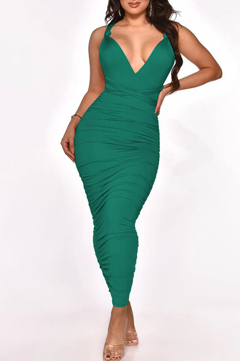 Casual Solid Frenulum Fold Asymmetrical O Neck Wrapped Skirt Dresses