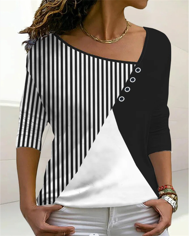 Fashion V-Neck Colorblock Striped Print Loose Casual Blouses