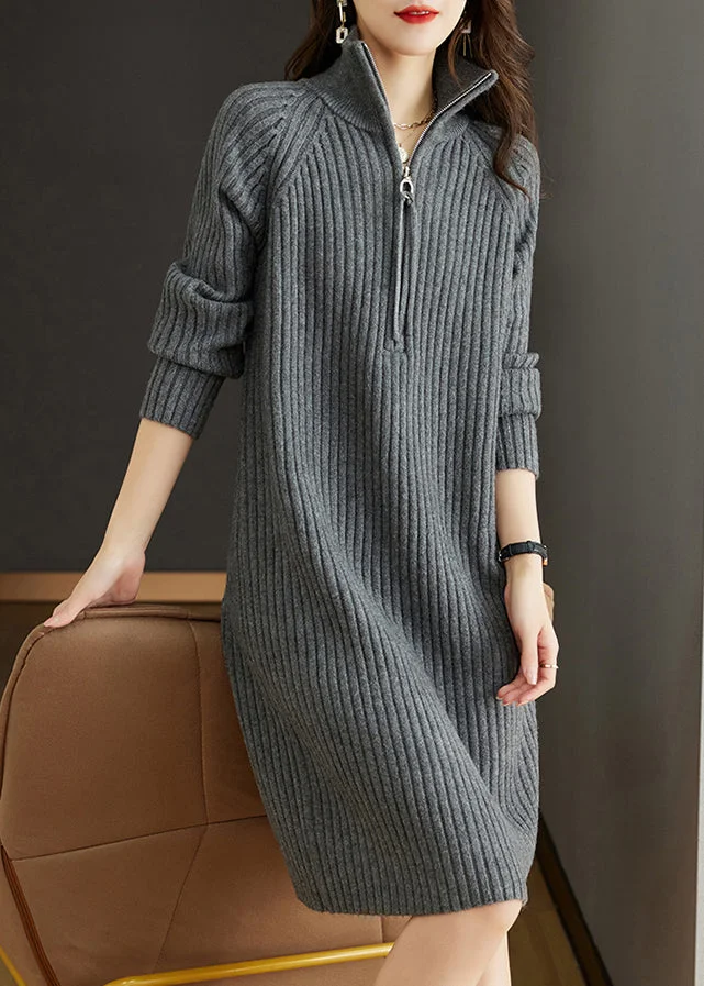 Grey Patchwork Loose Woolen Knit Dresses Turtleneck Long Sleeve
