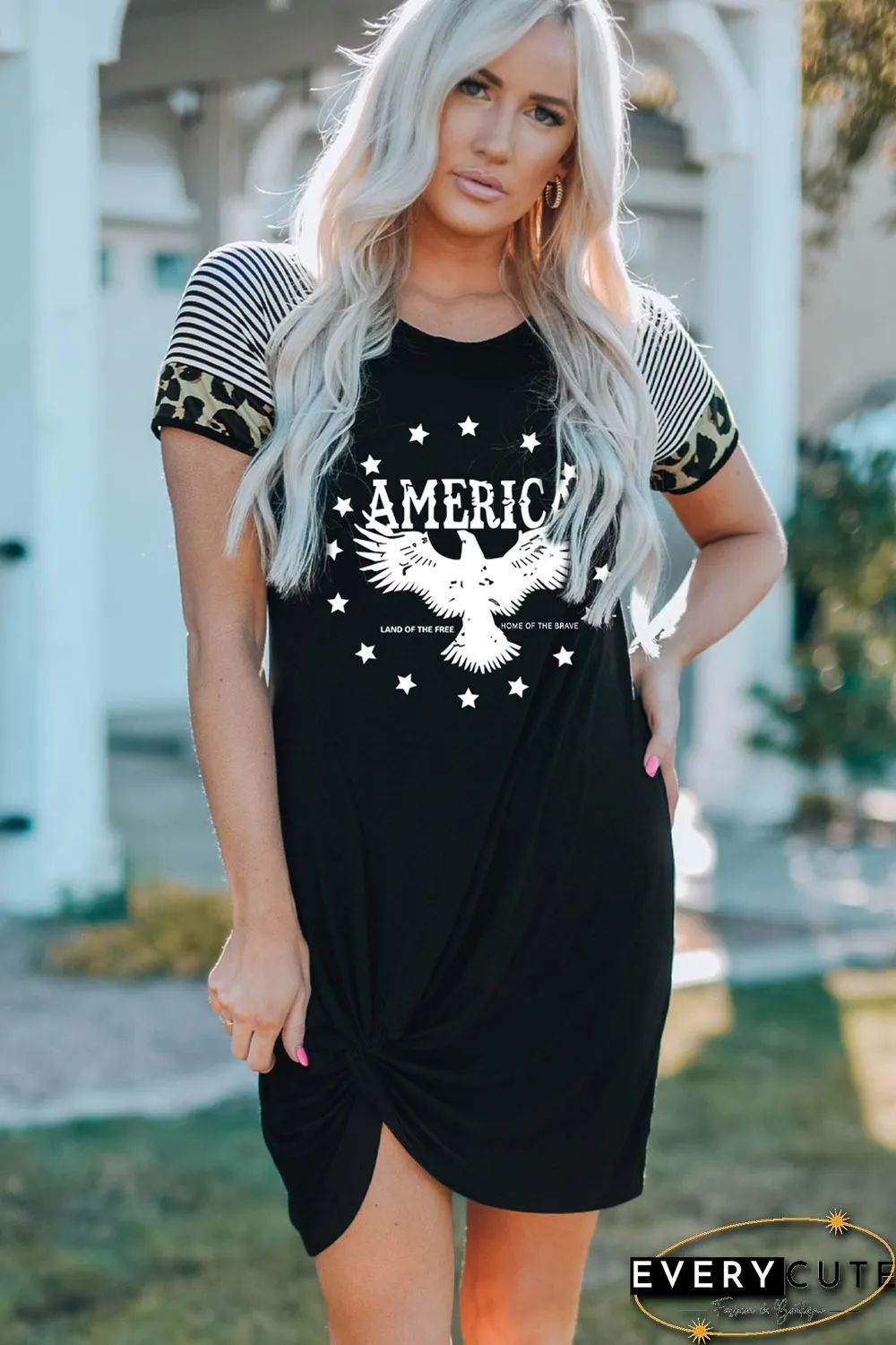 Black AMERICA Eagle Graphic Leopard Striped Sleeve Dress