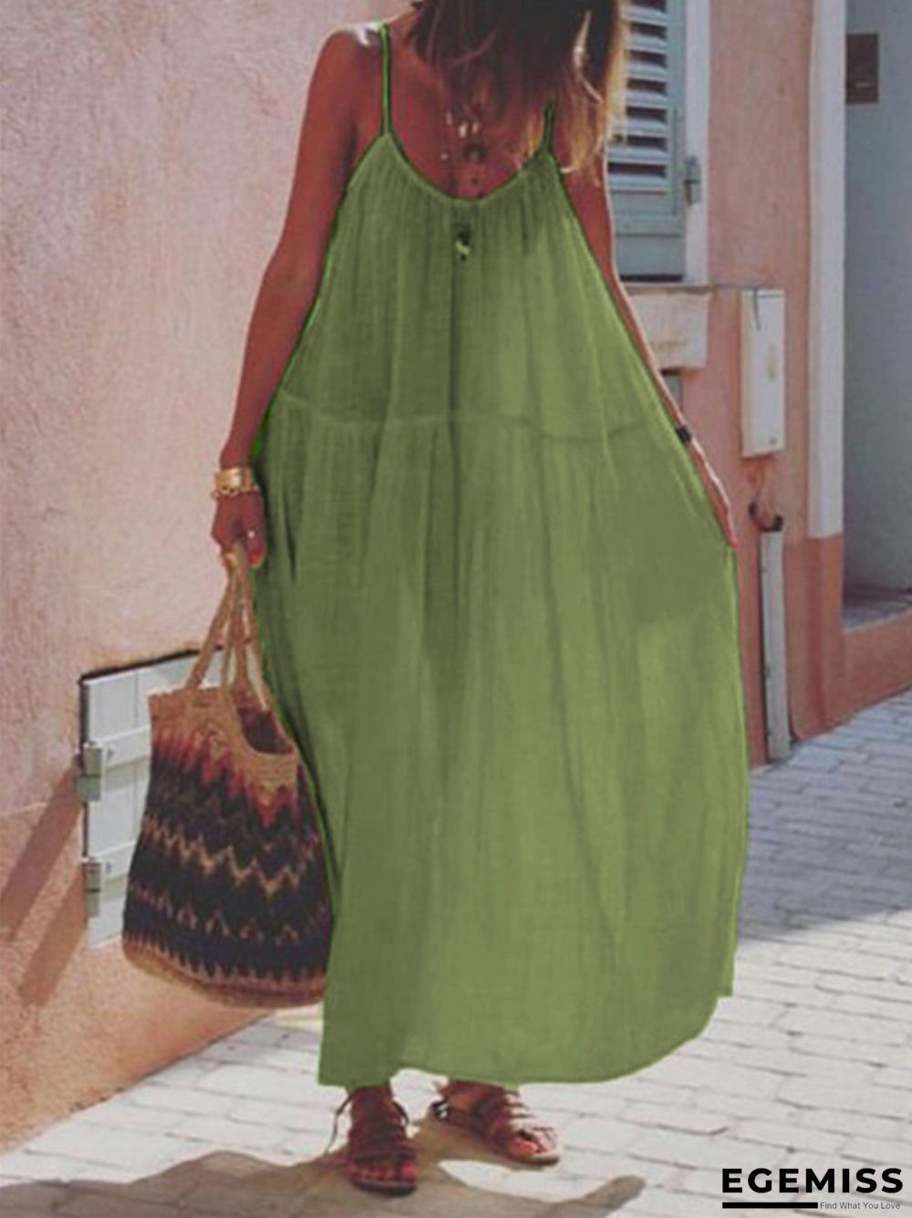 Long Skirt Solid Color Stitching Cotton and Linen Sleeveless Sling Dress | EGEMISS