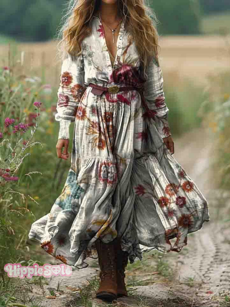 Women’s Ethnic Floral Art Print Pocket Cotton Dress Multicolor / S