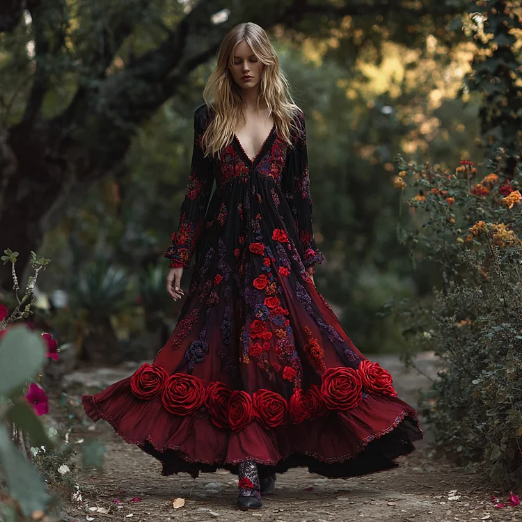 Women's Retro Red Rose Embroidery Casual Long Sleeve Dress