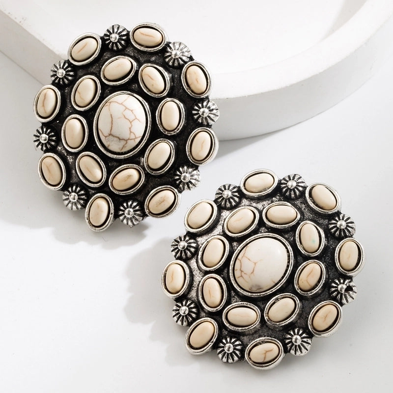 1 Pair Casual Vacation Geometric Round Inlay 304 Stainless Steel Turquoise Silver Plated Drop Earrings