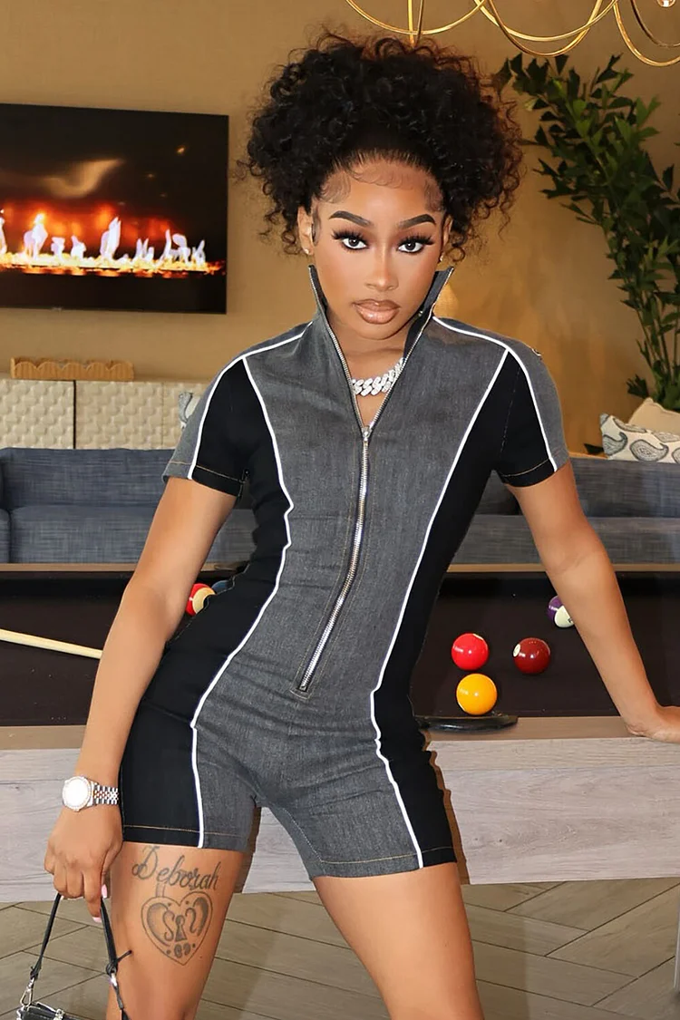 Colorblock Denim Short Sleeve Front Zipper Slim Fit Playsuit Romper-Black