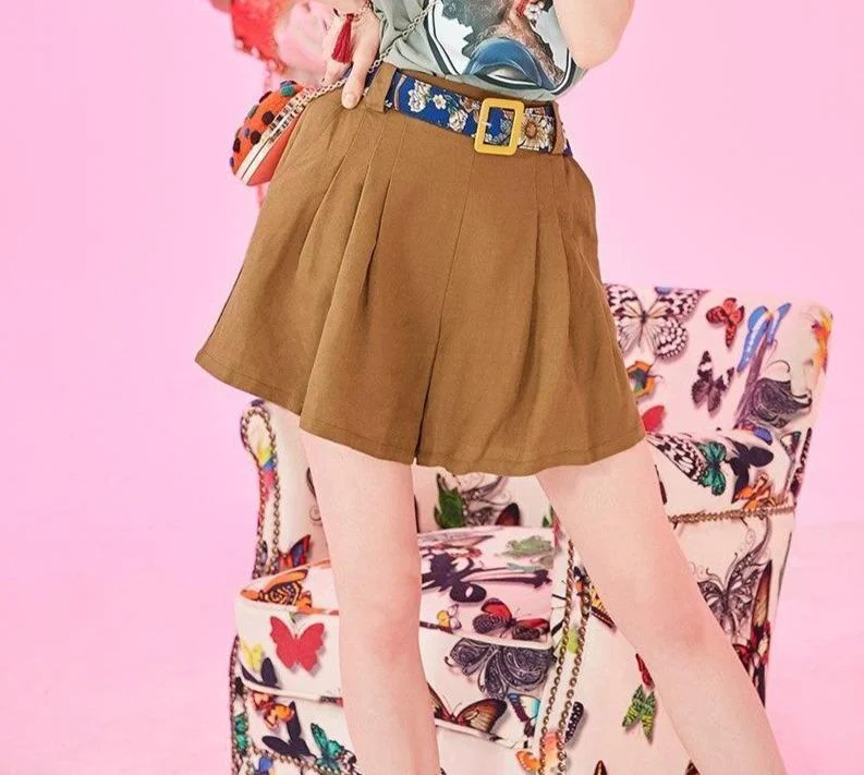 VINTAGE LINEN FLORAL PRINT BROWN SHORTS V172