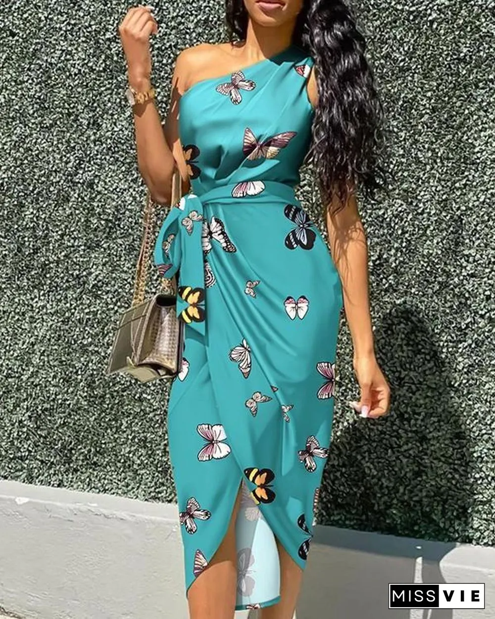 Butterfly Print Oblique Shoulder Irregular Dress