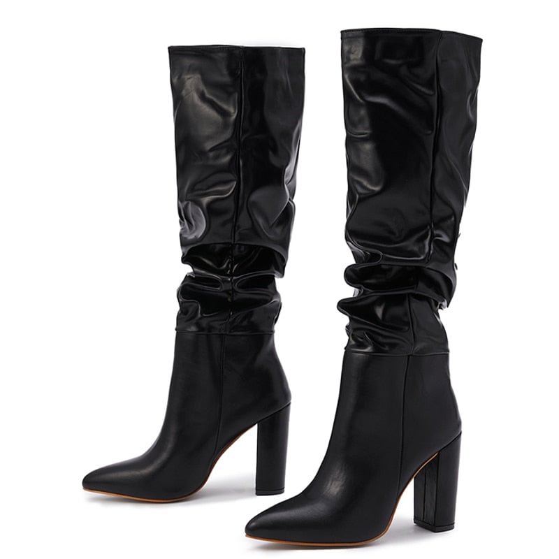 Eilyken Fashion White Women Knee High Boots Sexy Pointed Toe Square Heels Ladies Long Boot Slip On Female Shoes size 35-42