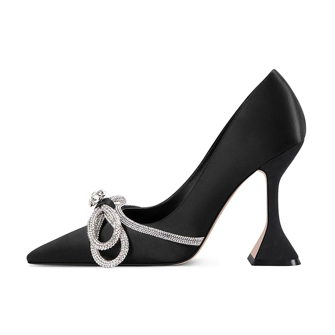Satin Pumps Shoes Rhinestone Bow Pointed Toe Black High Heels