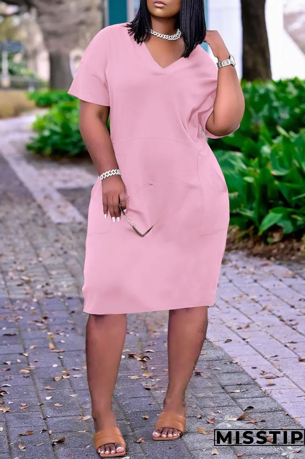 Dark Blue Fashion Casual Solid Basic V Neck Short Sleeve Dress