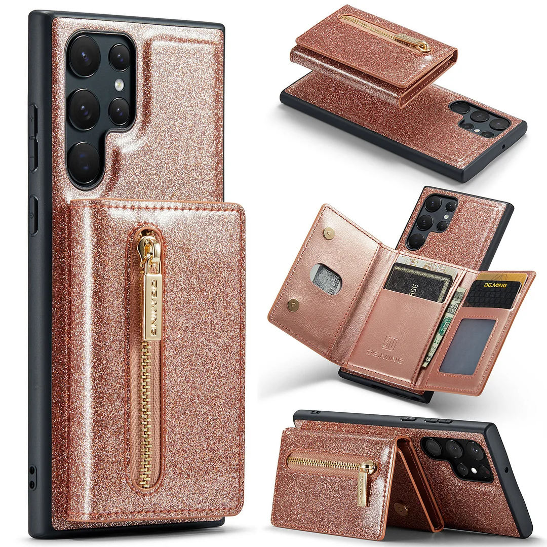 Glitter Detachable Magnetic Wallet Leather Phone Case With Cards Slot,Zipper Slot And Phone Stand For Galaxy S22/S22+/S22 Ultra/S23/S23+/S23 Ultra