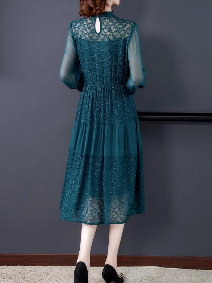 Stand-up Collar Lace Waist Embroidered Silk Dress