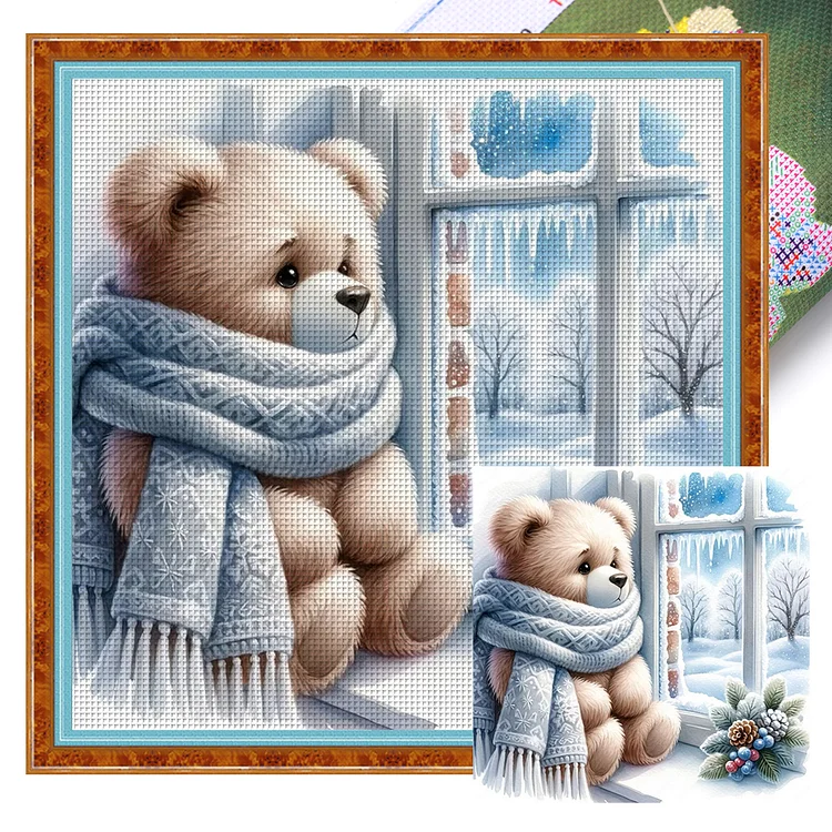 Little Bear By The Window In Winter 11CT Stamped Cross Stitch 40*40CM