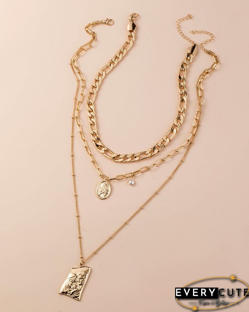 3PCS Coin Pattern Pendant Beaded Layered Necklace