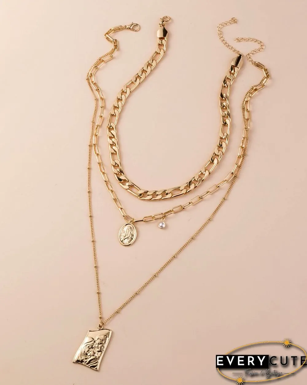 3PCS Coin Pattern Pendant Beaded Layered Necklace