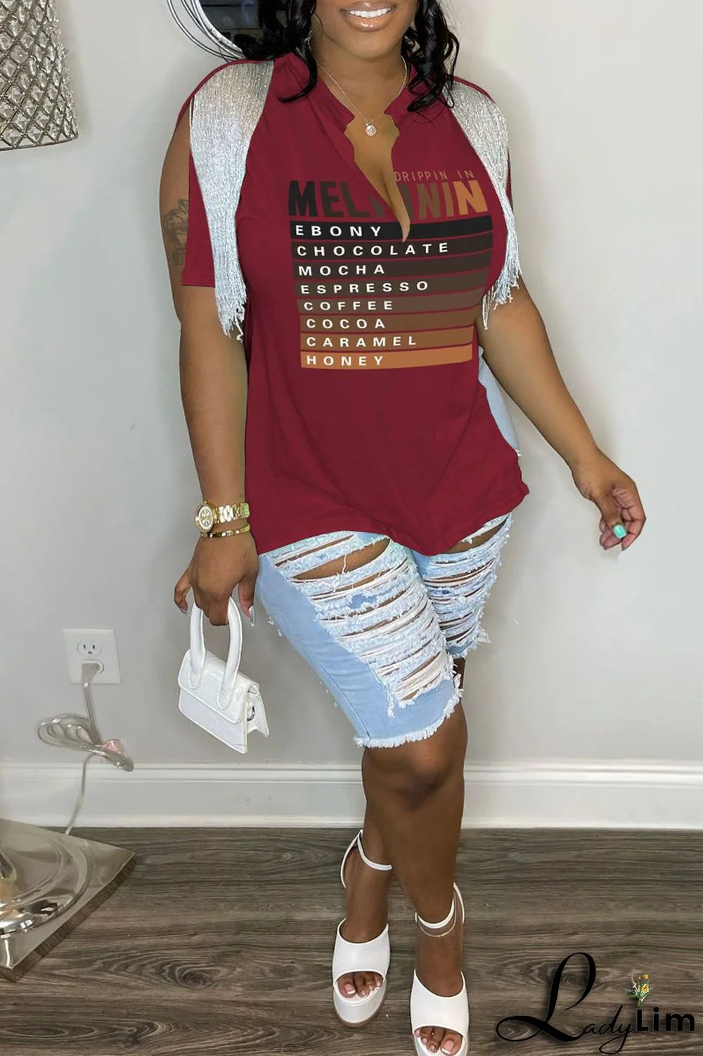 Rose Red Casual Letter Print Tassel Patchwork V Neck T-Shirts