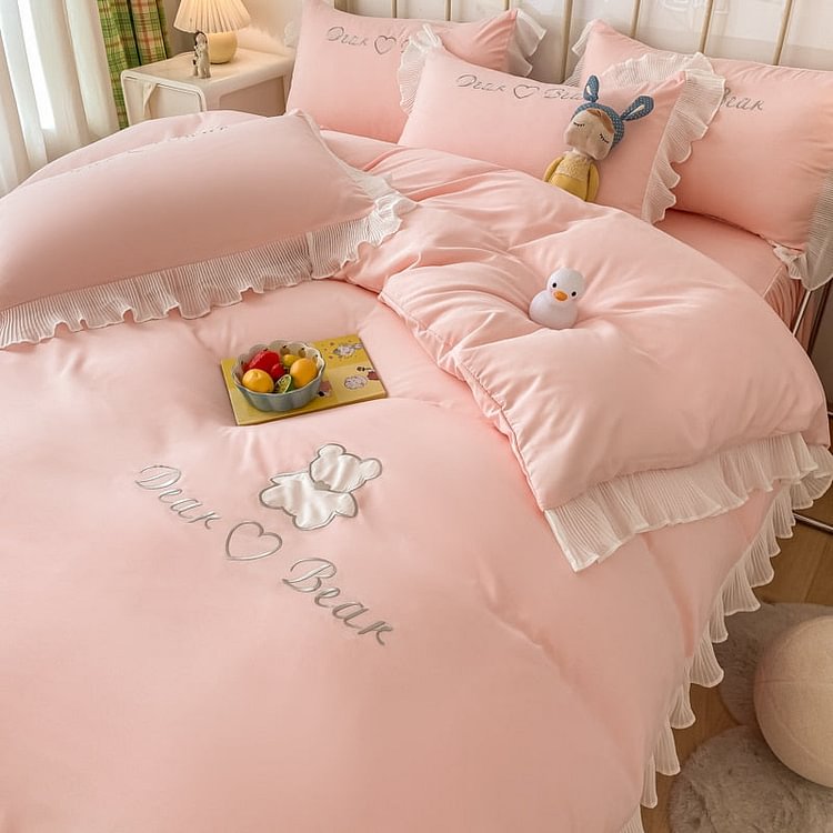 Bear Lace Ruffle Bedding Sheet Duvet Cover Set - Gotamochi Kawaii Shop, Kawaii Clothes