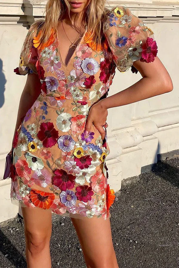 Floral Embroidery Luxe Puff Sleeve Mini Dress