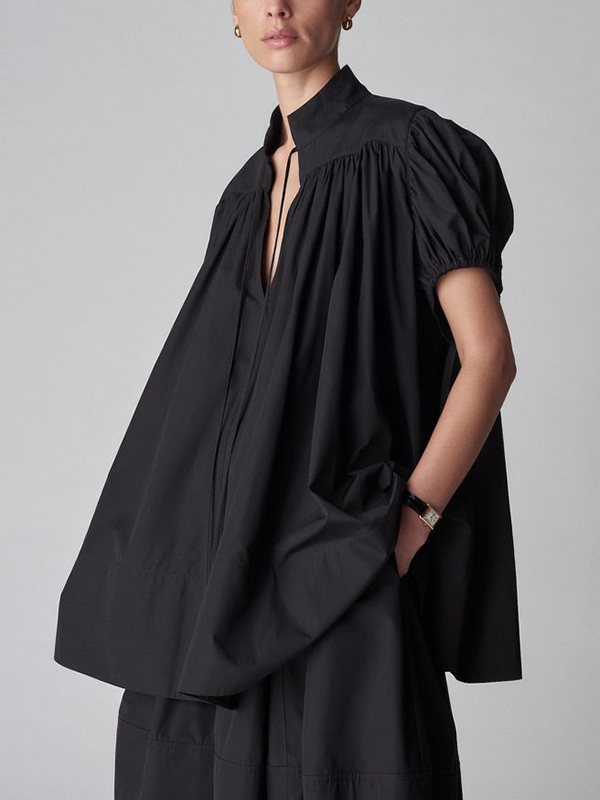 Puff Sleeve Stand Collar Sleeve Ties A-Line Blouses
