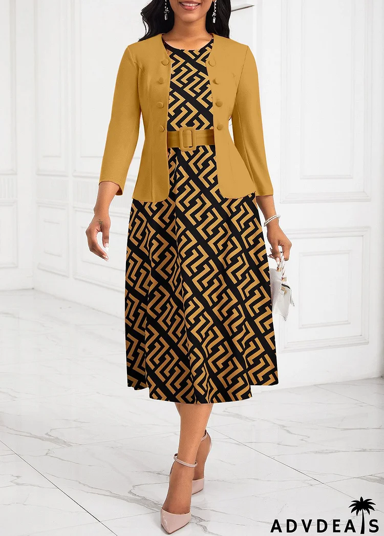 Ginger Two Piece Geometric Print Belted Round Neck Dress and Cardigan