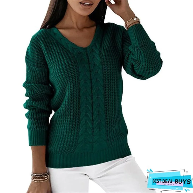Casual Plain Knitted V-Neck Long Sleeve Sweater