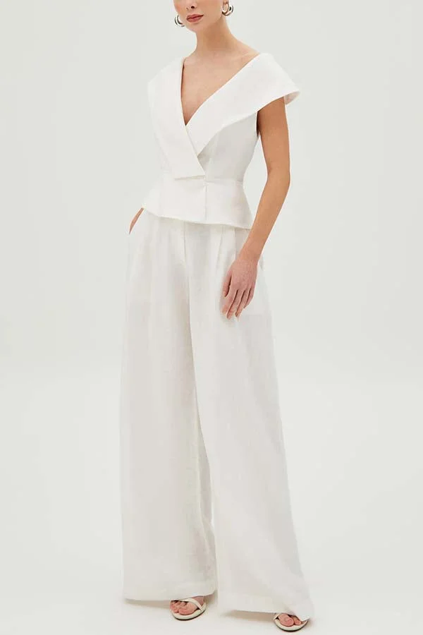 Velena Linen Blend Button Up Lapel Top and High Rise Pocket Wide Leg Pants Set