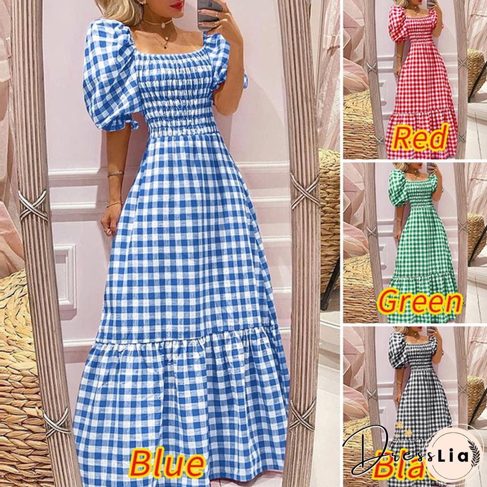 Women Puff Sleeve Square Neck Vintage Checked Plaid Maxi Dress Holiday Party Prom Dresses Kleid Plus Size