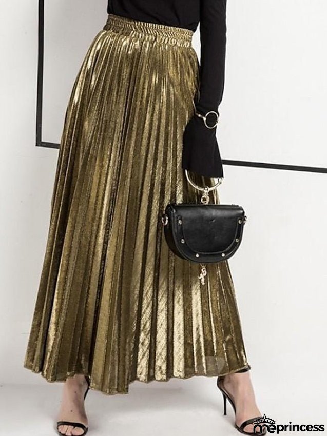 Women's Skirt Maxi Pleated Swing Long Skirt Silver Gold Skirts Shiny Metallic Shimmery Fashion Casual Daily S M L