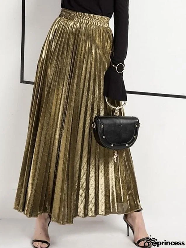 Women's Skirt Maxi Pleated Swing Long Skirt Silver Gold Skirts Shiny Metallic Shimmery Fashion Casual Daily S M L