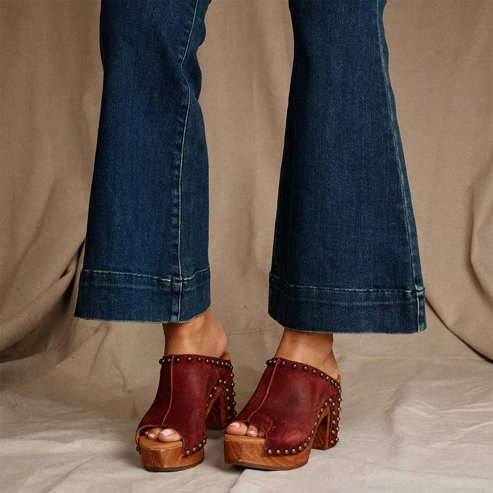 Maroon Peep Toe Studded Clogs Slip On Platform High Heels Sandals