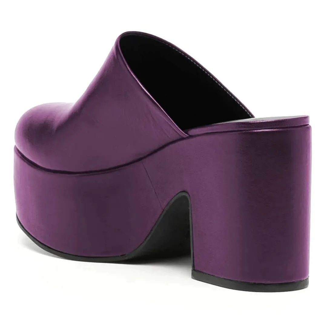 Dark Purple Round Toe Classic Block Heeled Mules with Platform
