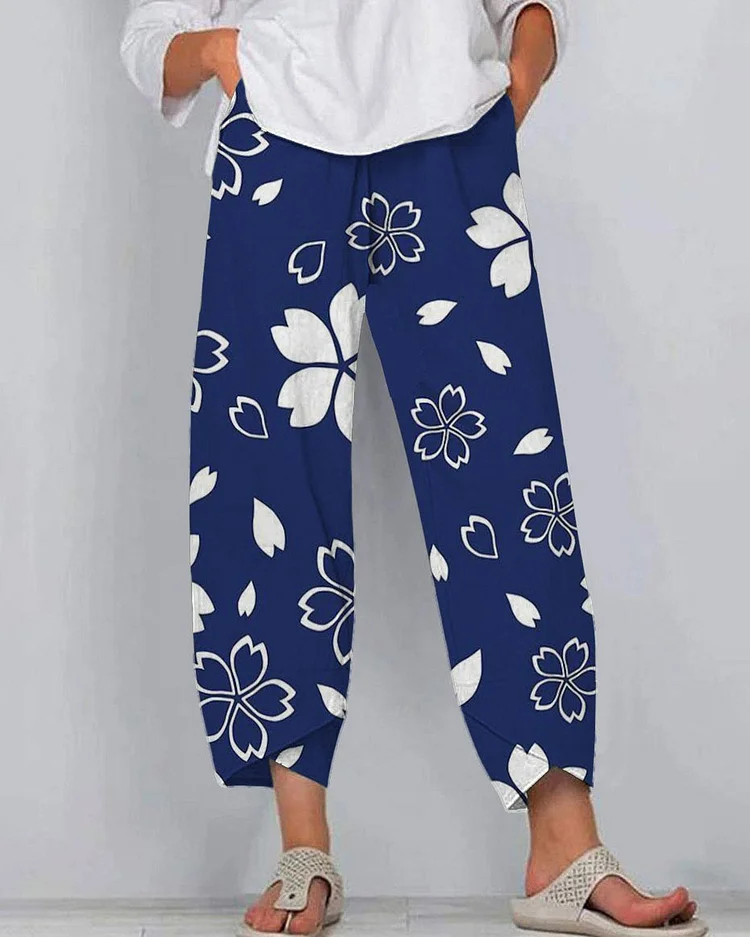 Japanese Art White Flowers Casual Pants