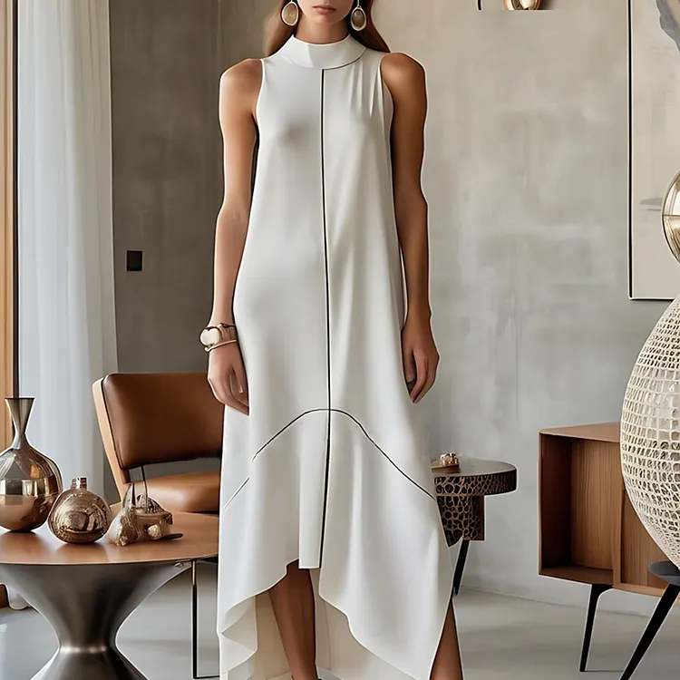 Solid Mock Neck Sleeveless Long Dress