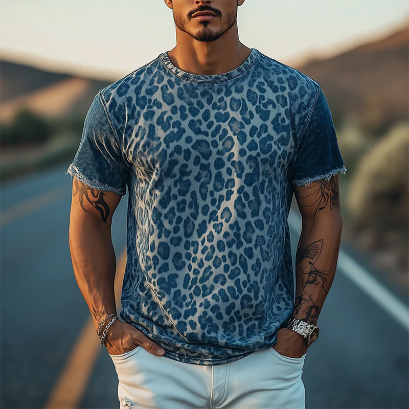 Men's Classic Retro Western Cowboy Style Denim Jacquard Leopard Print Short T-Shirt